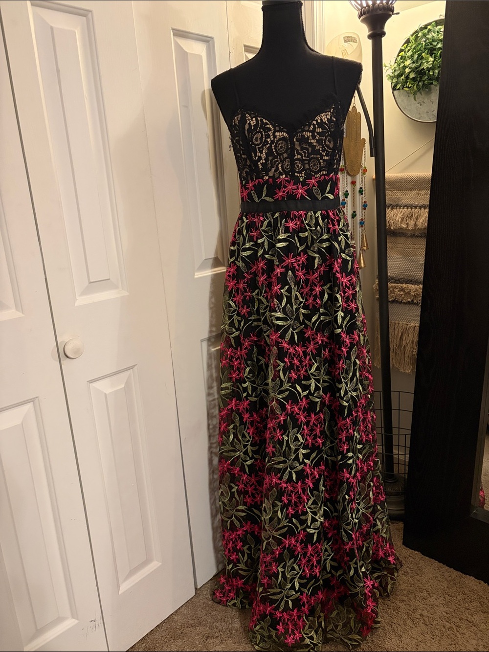 Lulu's Black Maxi Dress with Pink & Green Floral Embroidery